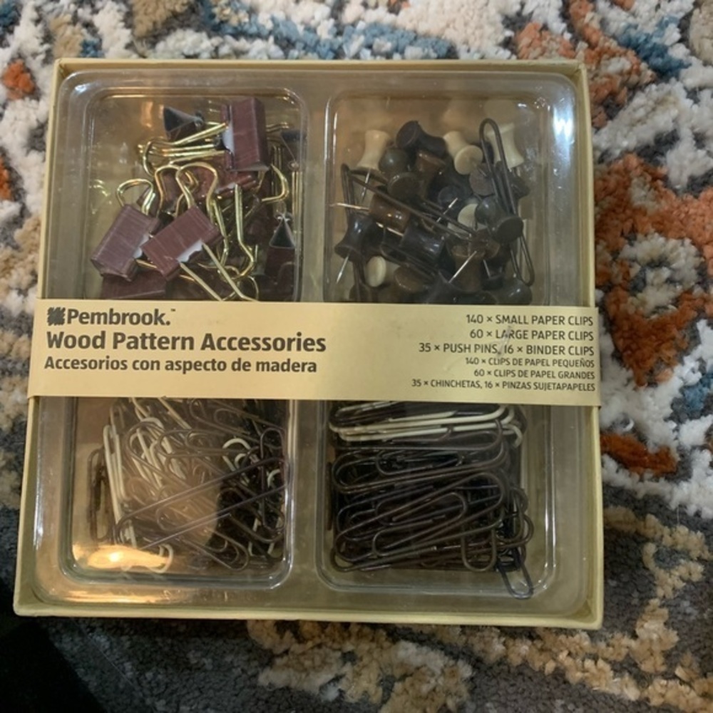 NEW Pembrook Wood Pattern Accessories Paper Clips, Binder Clips, Push Pins